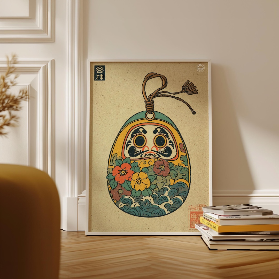 Japanese Daruma Omamori Poster, Vintage Floral Wave Illustration