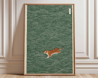 Japanese Tiger Art Print, Zen Swimming Tiger Illustration