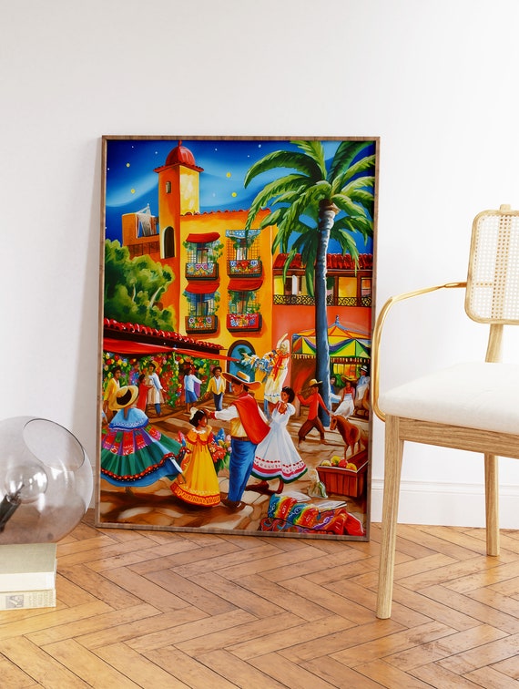 絵画 70s Mexican pair art Vintage Vibrant Framed Scenic Mexican Popotillo Straw Art, A