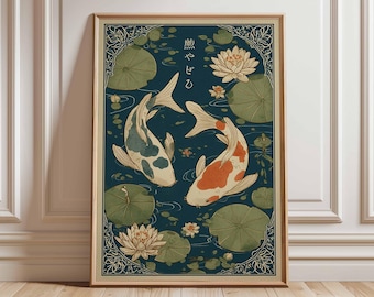 Koi Fish Lotus Pond Japanese Poster, Traditional Asian Wall Art, Vintage Japanese Print