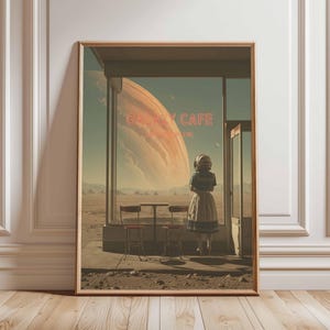 Póster retro de ciencia ficción, decoración cósmica surrealista de los años 70, póster espacial futurista, impresión de paisaje vintage, obra de arte espacial para dormitorio y sala de estar.