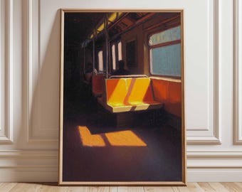 May include: A framed art print depicting the interior of a subway car. The artwork features orange seating, sunlight streaming through the windows, and a person sitting in the distance. The color palette is warm, with shades of orange, brown, and yellow.