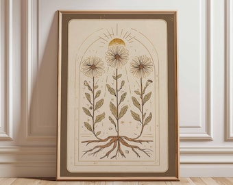 May include: Framed botanical art print featuring three stylized daisies with a sunburst design above. The artwork is in shades of beige, brown, and gold, with detailed roots and stems. The print is in a brown frame.