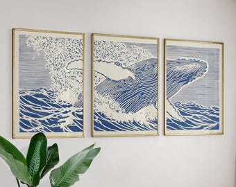 Conjunto de 3 pôsteres de baleias do oceano azul, impressões em tinta japonesa.