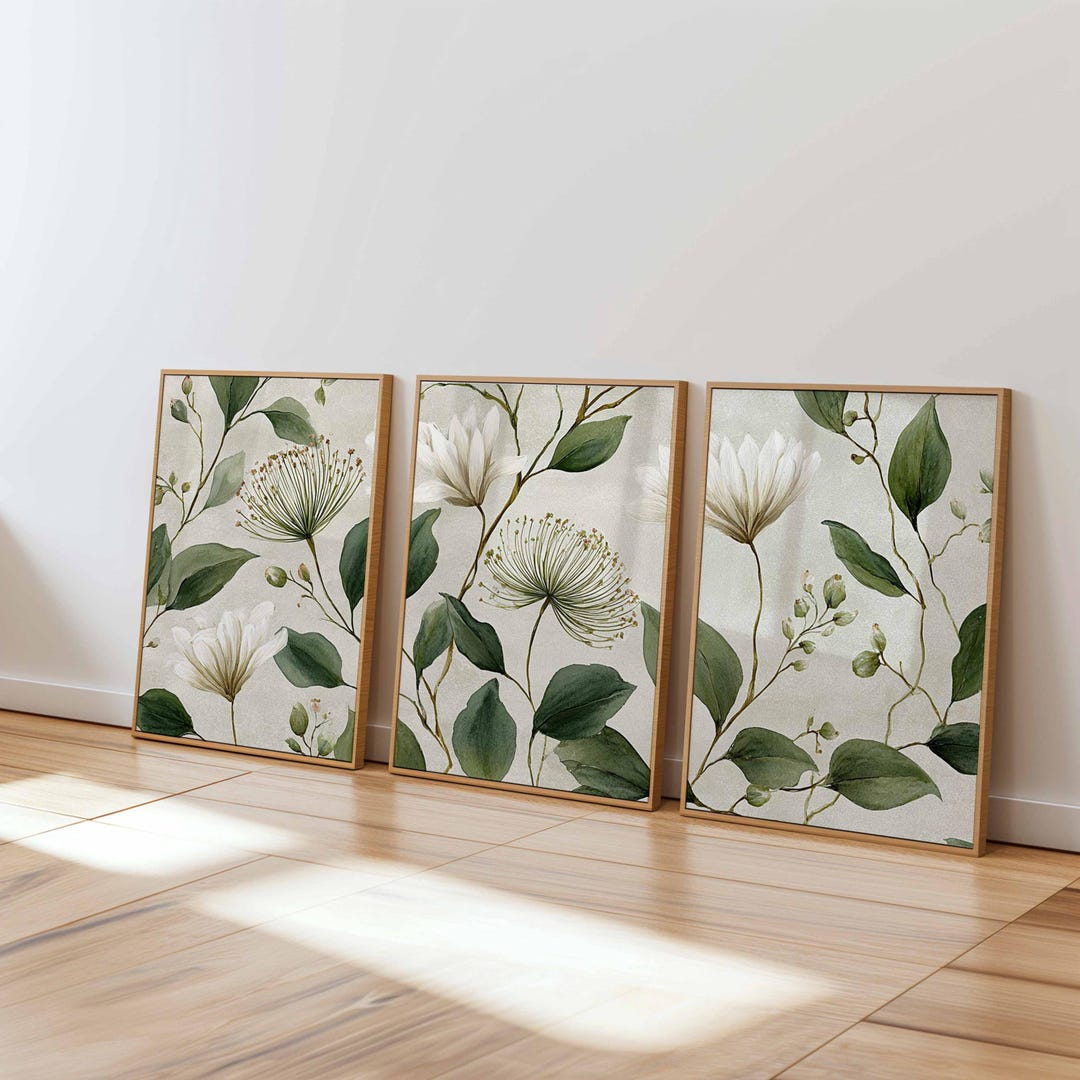 Botanical Wall Art Set of 3, Watercolor Green and White Floral Prints ...