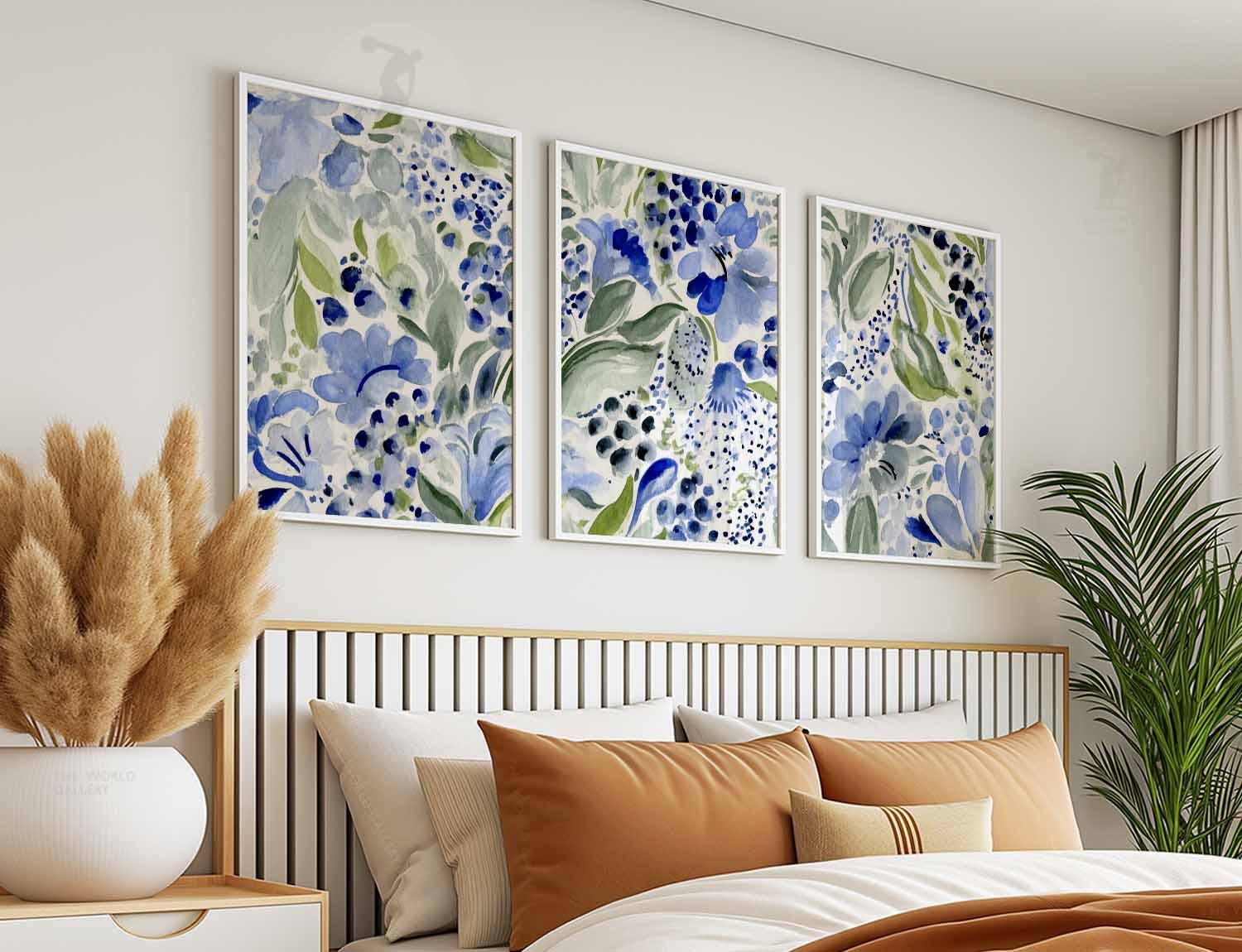 Set of 3 Watercolor Floral Wall Art Prints, Blue Botanical Posters ...