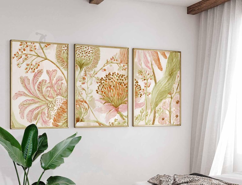 Vintage Botanical Wall Art Set of 3, Cottagecore Floral Prints ...