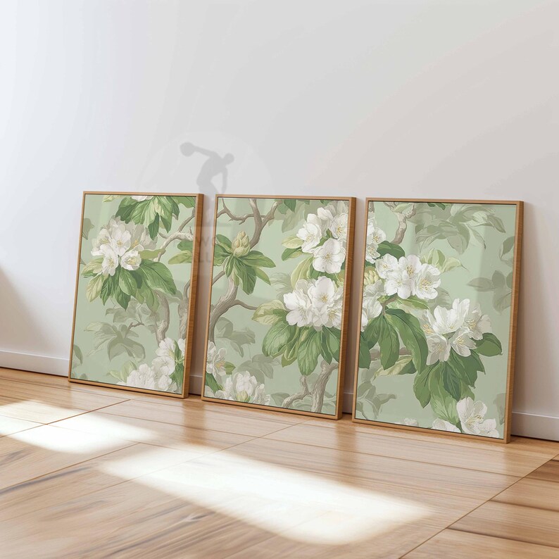 Set of 3 Botanical Prints, Green and White Floral Posters, Vintage ...
