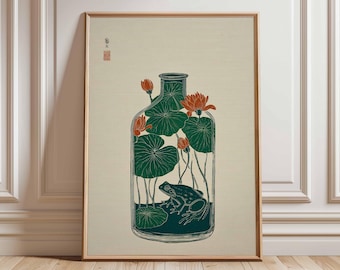 日本の墨絵カエルアートプリント - ミニマルな禅両生類イラスト、侘び