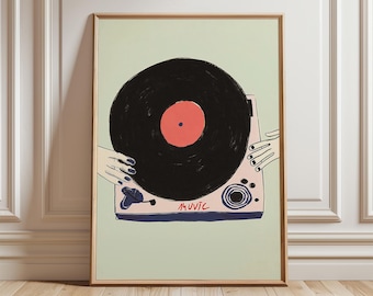 Vinyl Record Player Art Print, Retro Music Room Decor