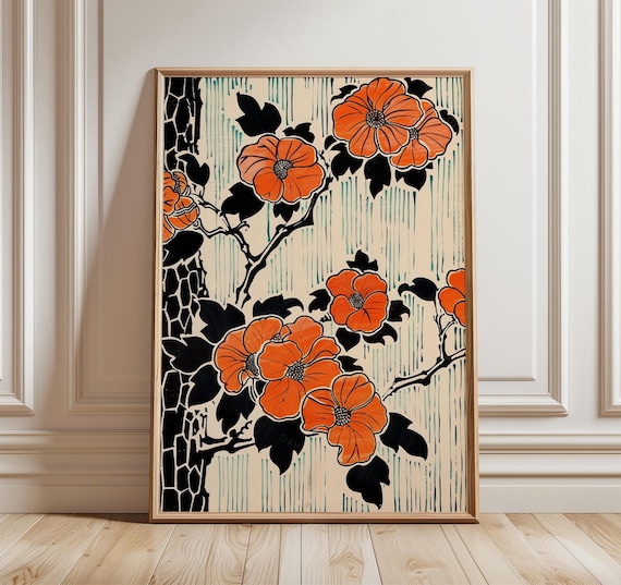 Japanese Orange Blossom Poster, Modern Woodblock Print, Asian