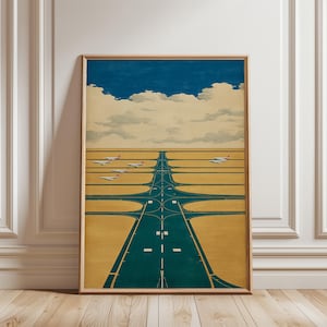 May include: A framed art print depicting an airport runway with several airplanes. The runway is teal with white markings, set against a tan background. The sky is blue with fluffy white clouds. The artwork has a vintage, retro style.