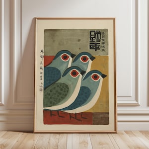 Lámina artística de pájaro japonés de mediados de siglo, póster retro de pájaro azul, ilustración minimalista de animales, decoración de pared vintage, obra gráfica moderna