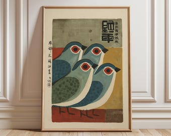 Mid-Century Japanese Bird Art Print, Retro Blue Bird Poster, Minimalist Animal Illustration, Vintage Wall Decor, Modern Graphic Artwork