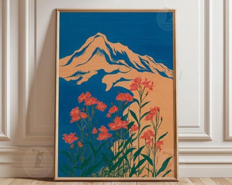 Blue And Peach Mountain  | Red Floral Landscape Wall Art | Modern Japanese Style