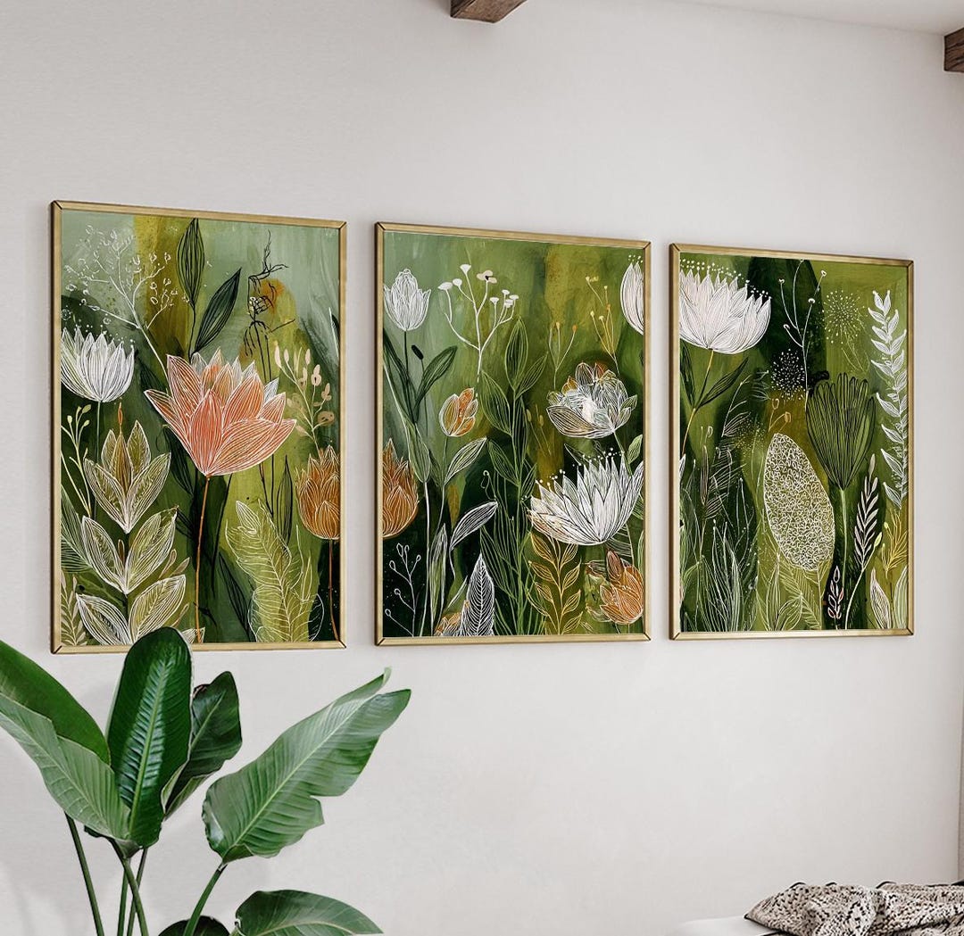 Green Botanical Wall Art Posters Set of 3 | Floral Nature Prints ...