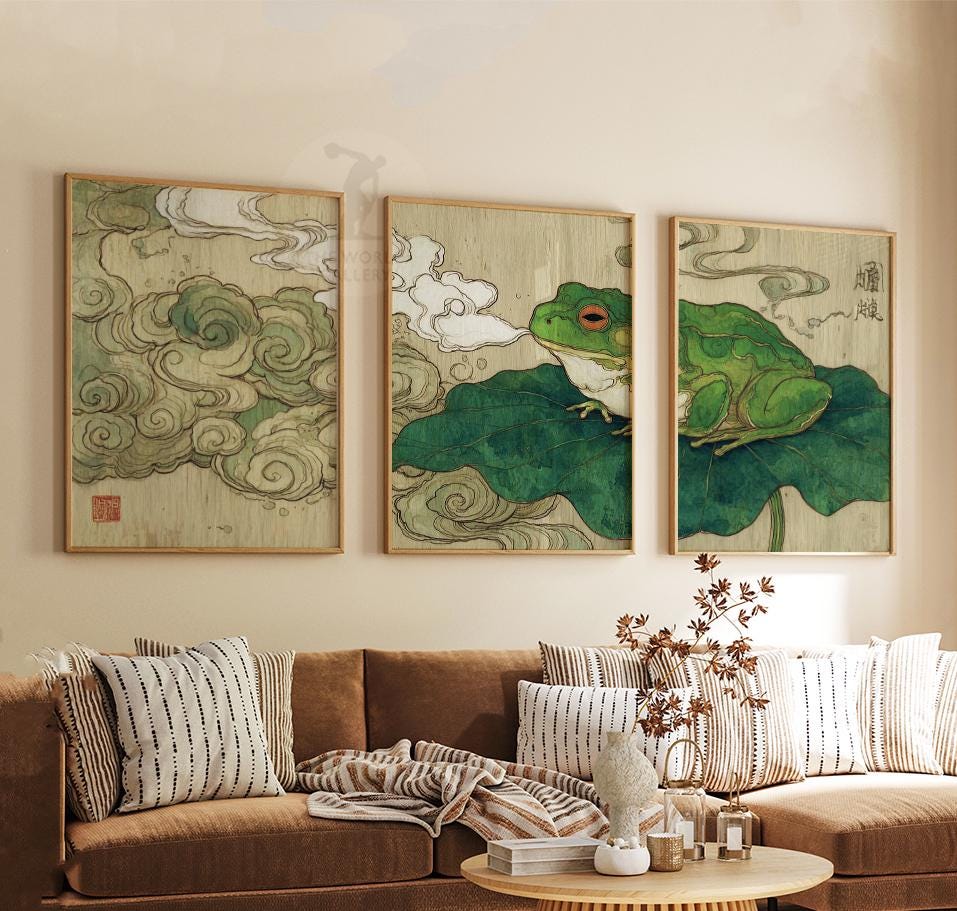 Japanese Frog Art Print Set | Ukiyo-e Toad on Lotus Leaf - Etsy