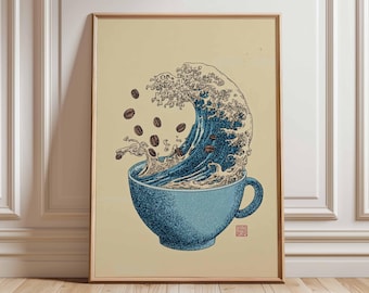 Coffee Wave Wall Art Print, Blue Coffee Cup Poster With Ocean