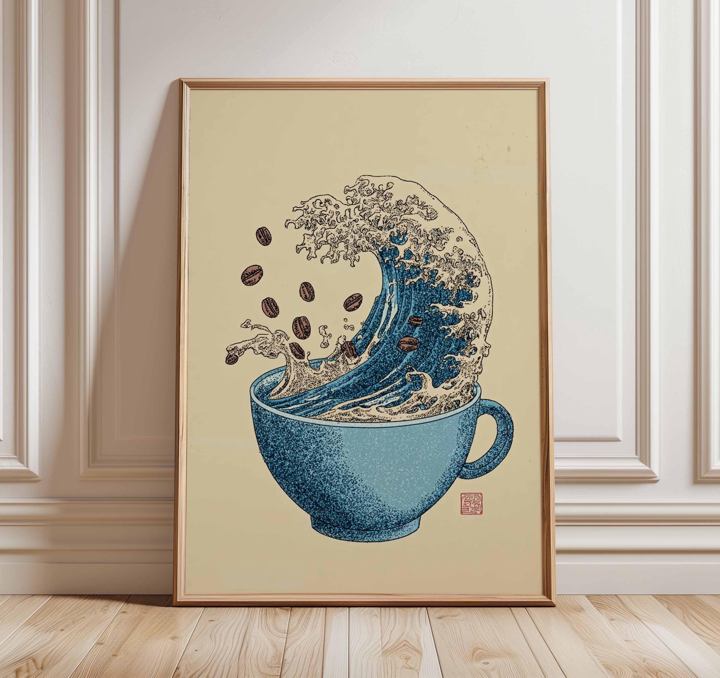 Coffee Wave Wall Art Print, Blue Coffee Cup Poster With Ocean