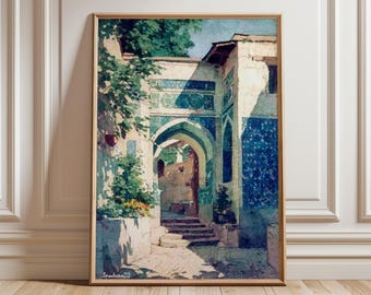 Middle Eastern Architecture Wall Art, Blue Mosque Archway Painting, Oriental Courtyard Print, Islamic Tile Artwork, Heritage Travel Poster