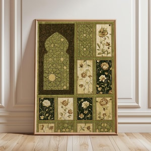 May include: A rectangular wall art print featuring a grid of panels in shades of olive green, cream, and dark brown. The design includes a large arched panel with geometric star patterns alongside smaller rectangular panels displaying floral illustrations.