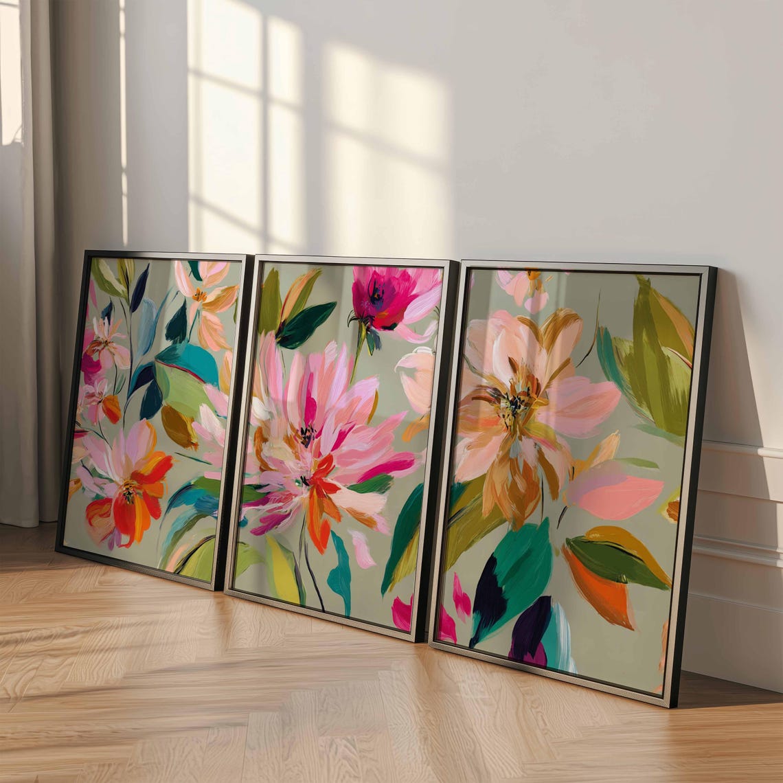 Abstract Floral Wall Art Set of 3, Colorful Modern Flower Poster Prints ...