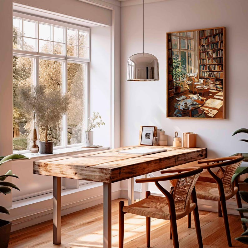 May include: A sunlit interior featuring a wooden desk with metal legs and two woven chairs. A large window offers a view of trees, and a painting of a library hangs on the wall. A silver pendant light hangs above the desk.