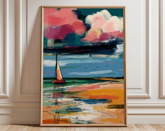 Abstract Sailboat Print, Coastal Seascape Art, Nautical Wall Decor