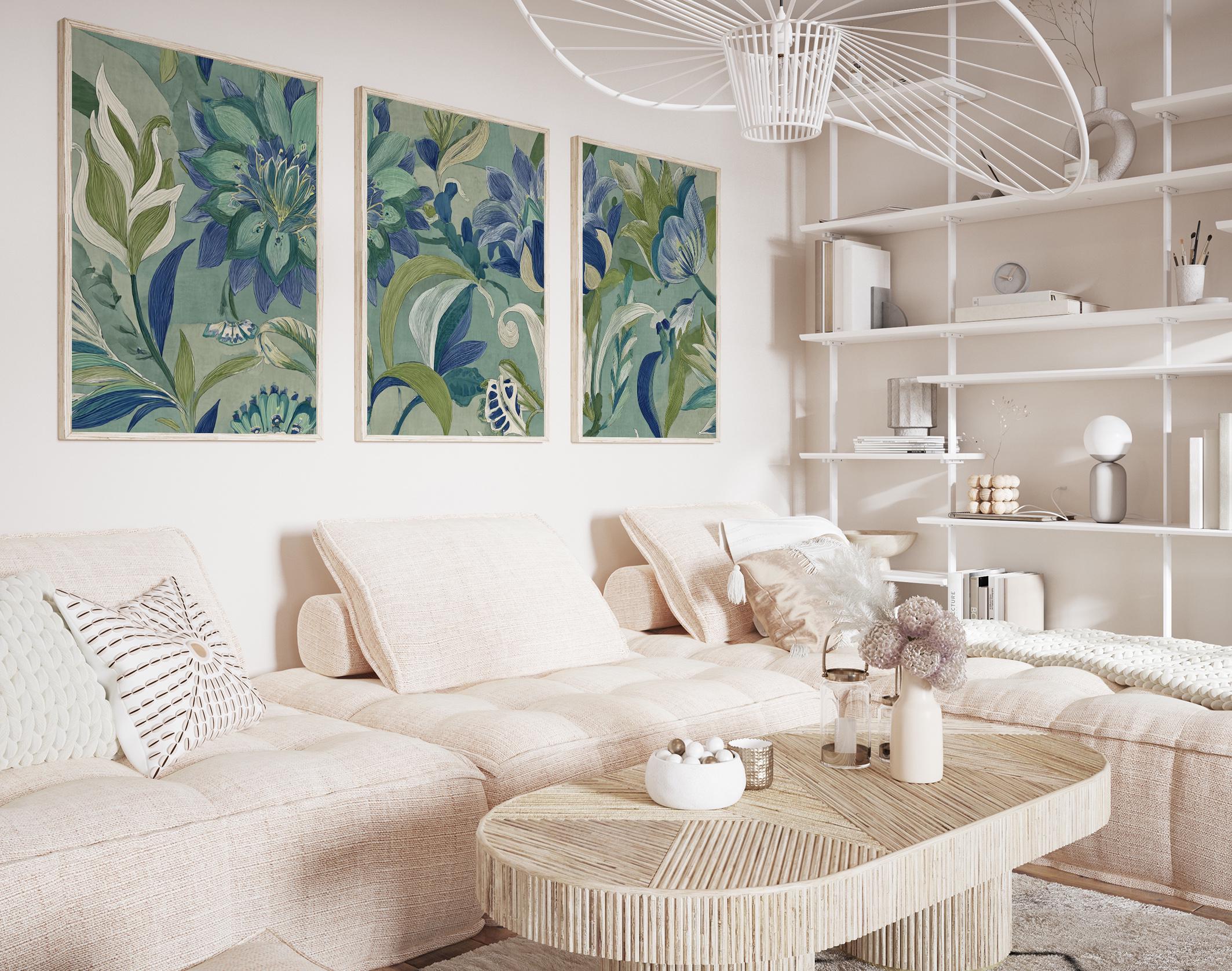 Blue Green Botanical Wall Art Posters Set of 3 | Floral Nature Prints ...