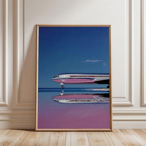 May include: A framed art print featuring a pink and silver airplane reflected in a body of water. The artwork has a retro aesthetic with a blue sky background and a hint of clouds. The plane is positioned on the water's edge.