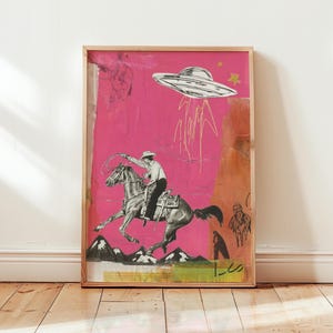Arte de parede de cowboy, pôster estilo pop art, impressão surreal ocidental, arte moderna rosa, decoração retrô americana, arte contemporânea ousada para casa