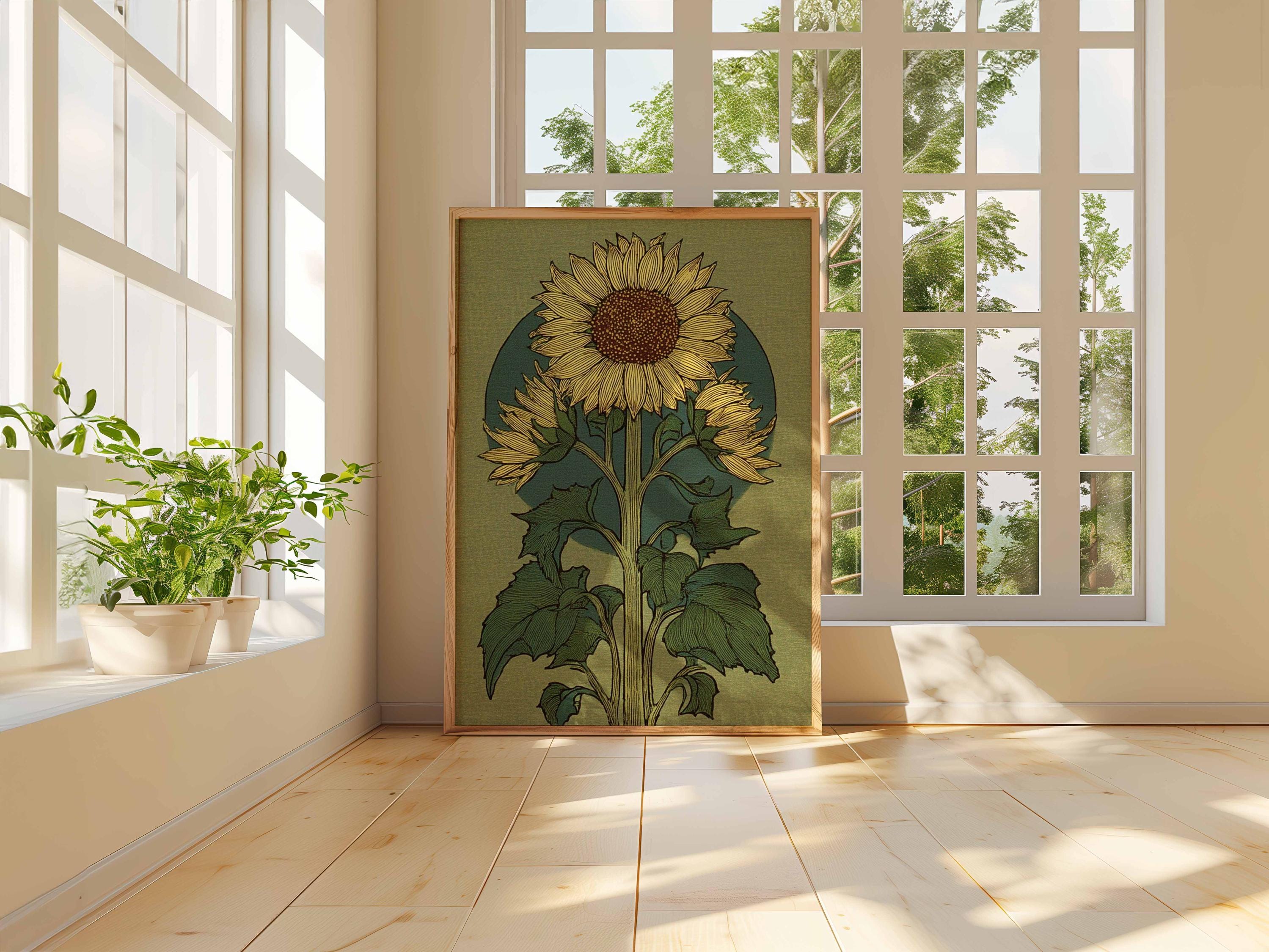 ヴィンテージ風ひまわりアートプリント｜ミッドセンチュリーの植物画