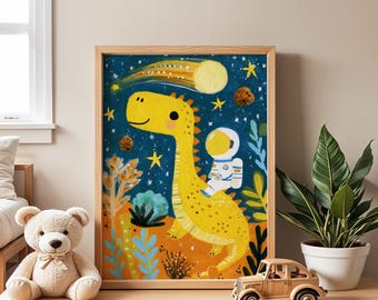 Astronaut Dinosaur Nursery Poster | Space Adventure Kids Wall Art | Dino Print for Toddler Room | Floral Poster | Playroom Decor | Gift Idea