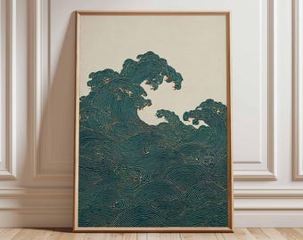 Japanese Wave Art Print, Minimalist Green Ocean Poster