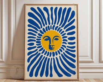 Retro Sun Face Poster | Blue Yellow Wavy Ray Wall Art Print