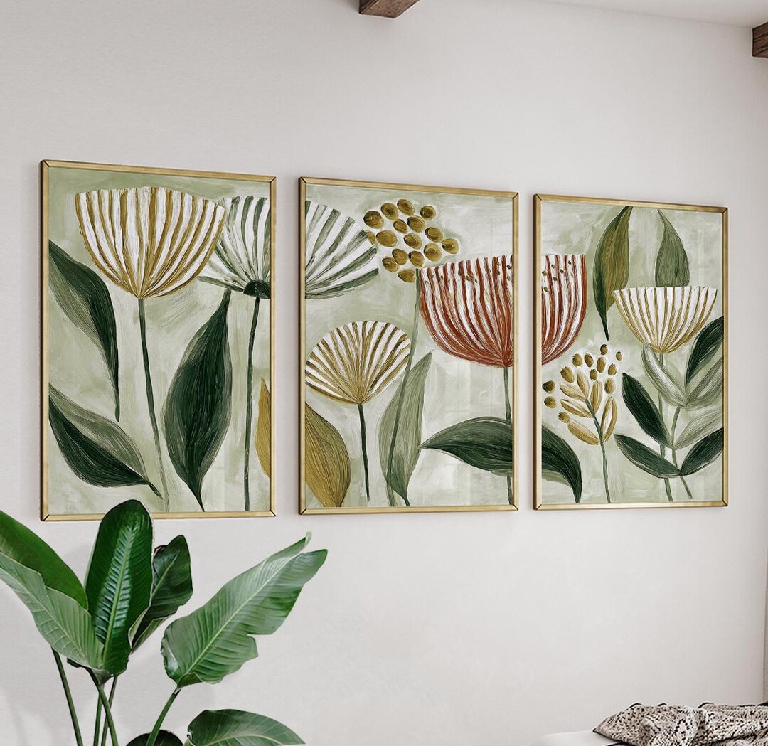 Green Beige Botanical Wall Art Posters Set of 3 | Abstract Floral ...