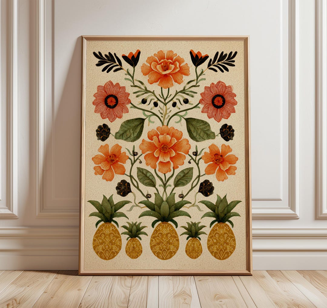 Folk Botanical Art Print, Vintage Floral Wall Art, Scandinavian Folk ...
