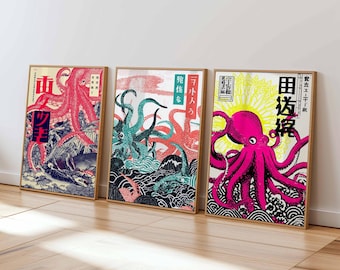 Japanese Octopus Art Print Set | Retro Ukiyo-e Marine Decor