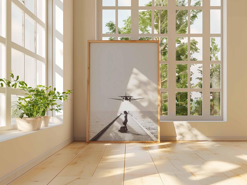 Póster de aterrizaje de avión, arte mural de aviación, impresión de viaje en blanco y negro, obra de arte de avión sobre el océano, regalo de piloto, decoración minimalista imagen 5