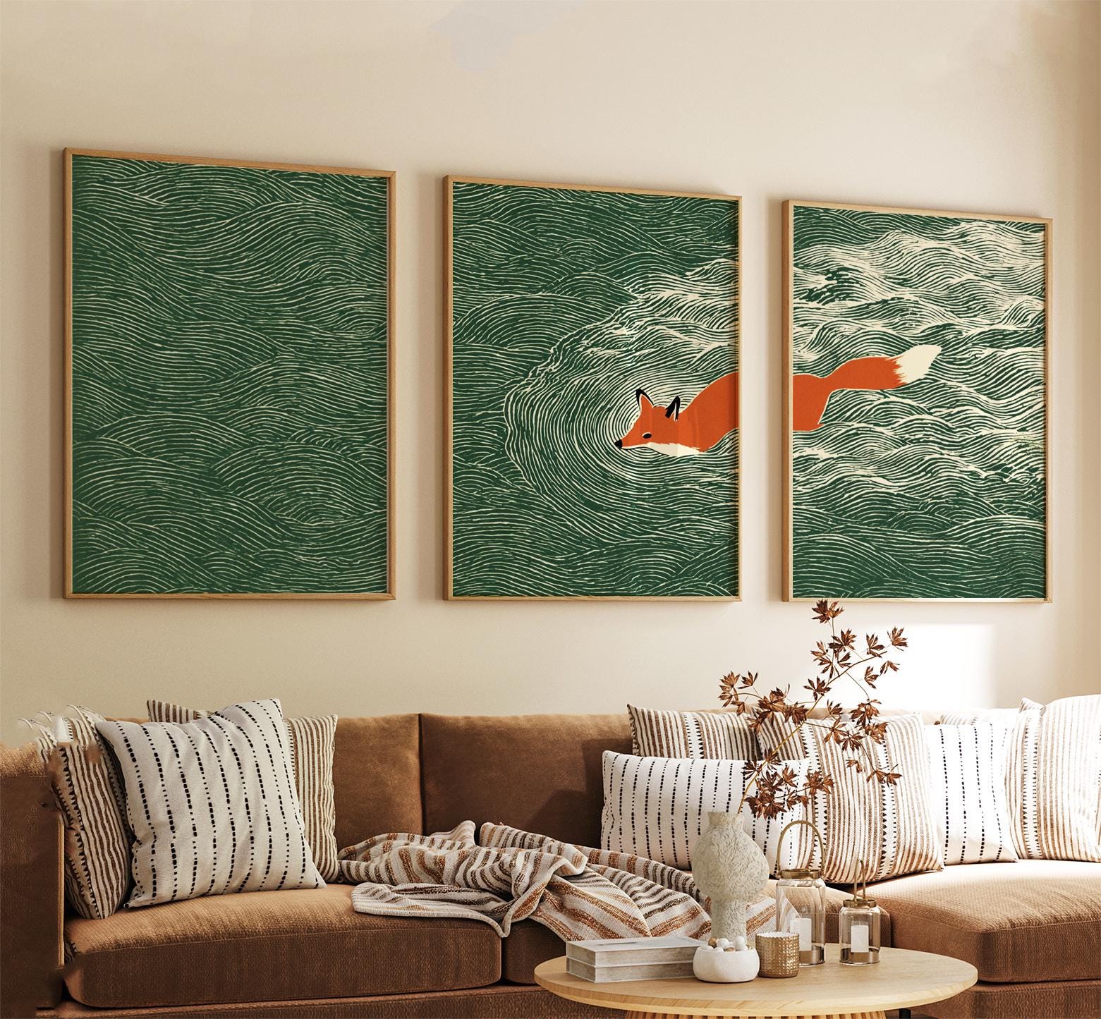 Japanese Fox Ocean Wall Art Set | Green Wave Triptych | 3 Posters