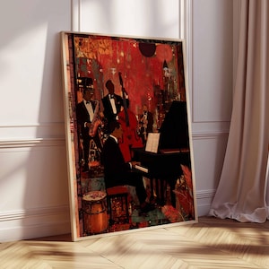 May include: A framed art print depicting a jazz band performing in a dimly lit room. The artwork features musicians in formal attire, with a piano prominently displayed. The color palette is dominated by reds and blacks, creating a vintage aesthetic.