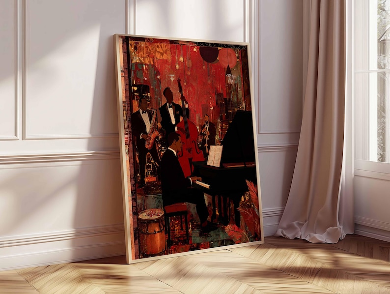 May include: A framed art print depicting a jazz band performing in a dimly lit room. The artwork features musicians in formal attire, with a piano prominently displayed. The color palette is dominated by reds and blacks, creating a vintage aesthetic.