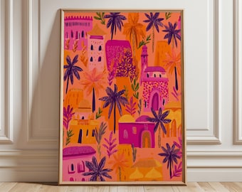 Mediterranean Village Art Print, Retro Coastal Palm Tree Poster