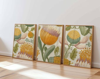 Botanical Art Print Set of 3, Vintage Floral Illustration, Boho Home Decor