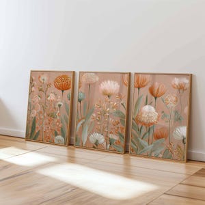 Neutral Floral Wall Art Prints Set of 3, Modern Botanical Posters, Beige and Terracotta Flower Artwork for Living Room or Bedroom Decor