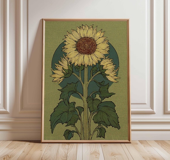 ヴィンテージ風ひまわりアートプリント｜ミッドセンチュリーの植物画