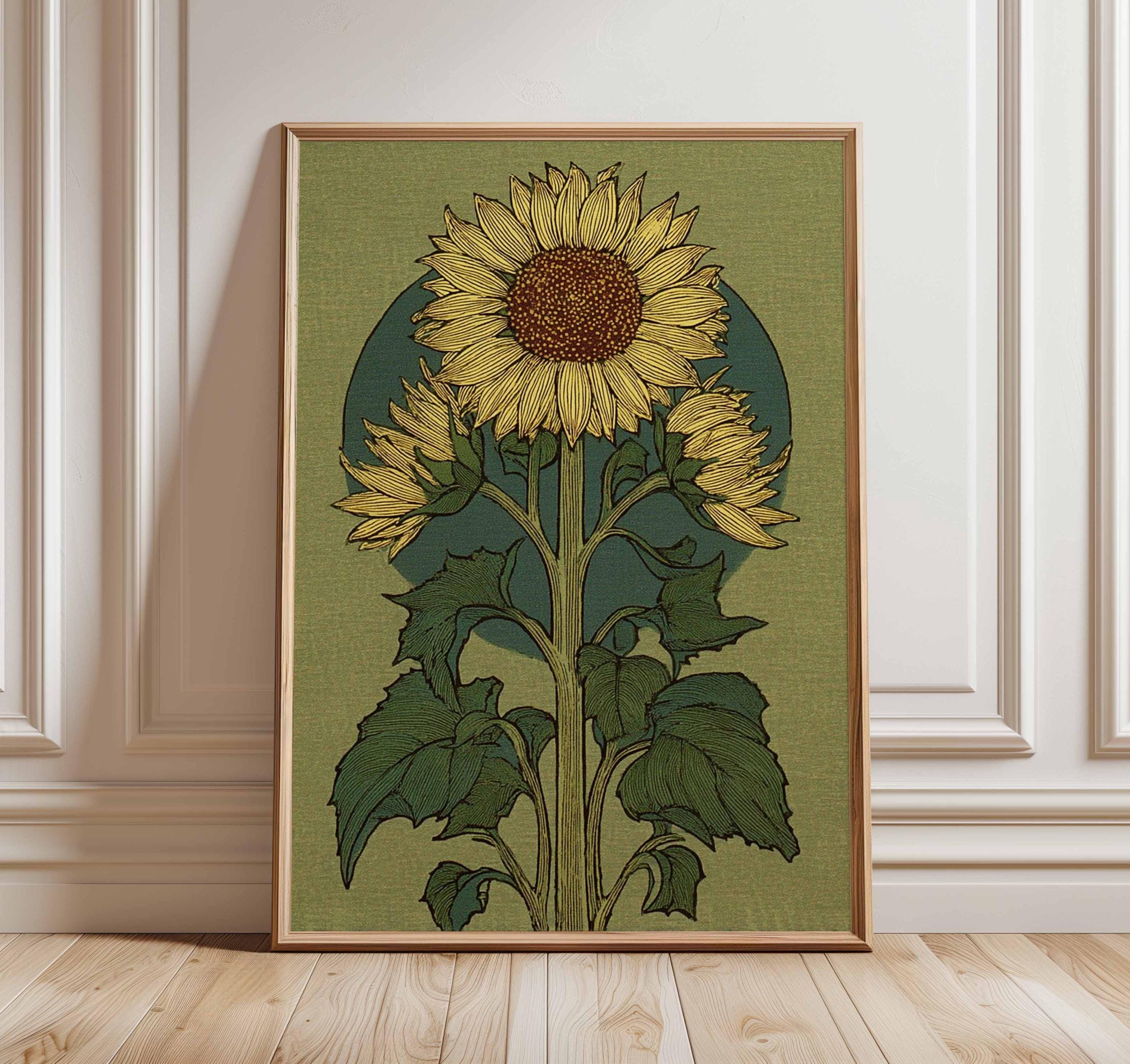ヴィンテージ風ひまわりアートプリント｜ミッドセンチュリーの植物画