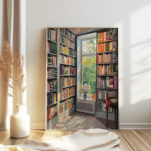 May include: A painting depicting a room with a large window and bookshelves filled with books. The window overlooks a garden with green trees and flowers. The room is painted in warm colours, with sunlight streaming in through the window.