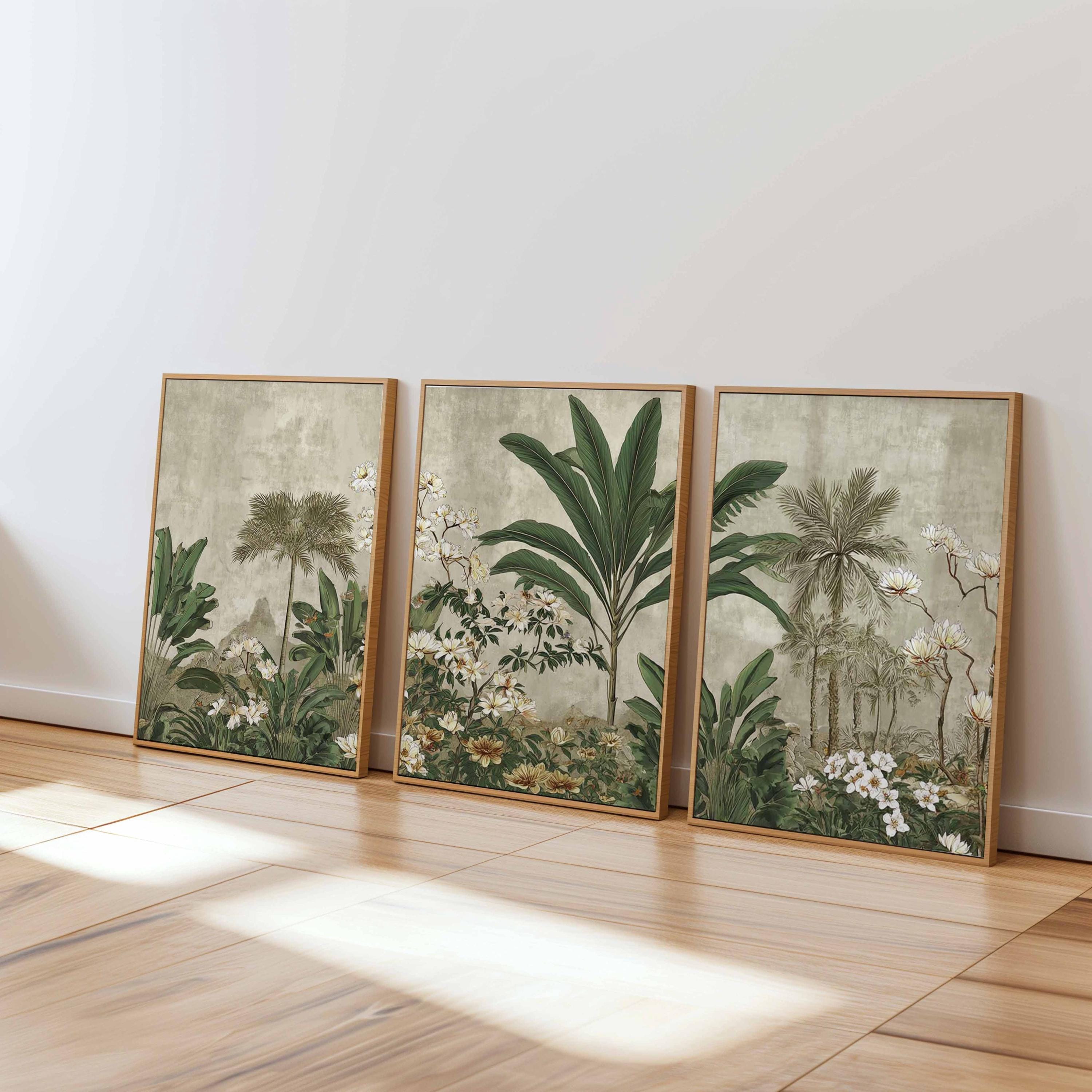 Vintage Botanical Prints Set of 3, Green Beige Floral Wall Art - Etsy