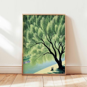 Riesiges grünes Baum Poster, friedliche Natur Wand Kunst Druck, ruhige Landschaft Illustration, beruhigende Baum Szene Dekor für Schlafzimmer oder Wohnzimmer